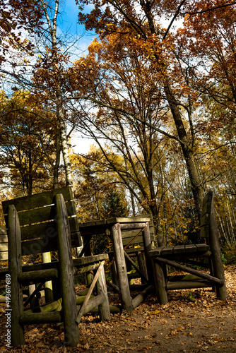 Giant Table With Huge Chairs In Autumnal Forest