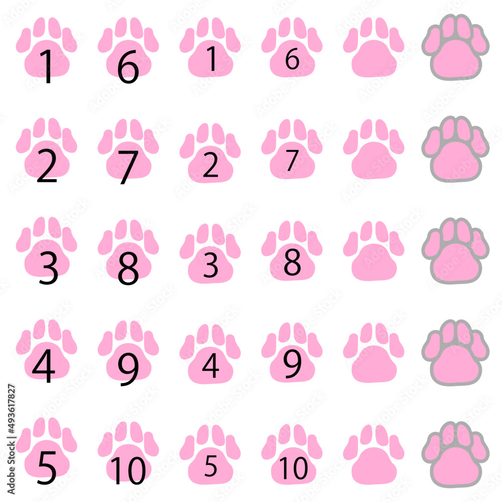 A set of the pink numerical footprints from one to ten. A set of the pink numerical footprints from one to ten.