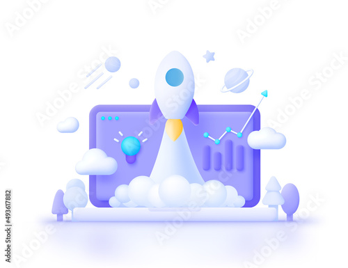 Startup, space, business concept. Cartoon startup for concept design. Abstract illustration with startup for concept design. Spaceship launch. 3d Vector illustration
