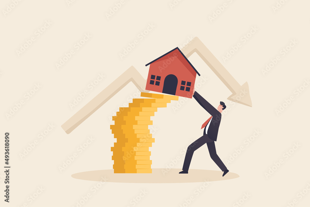 businessman house owner or real estate agent help protect the house to fall off unstable stack of coins. - obrazy, fototapety, plakaty 