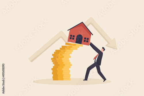businessman house owner or real estate agent help protect the house to fall off unstable stack of coins.