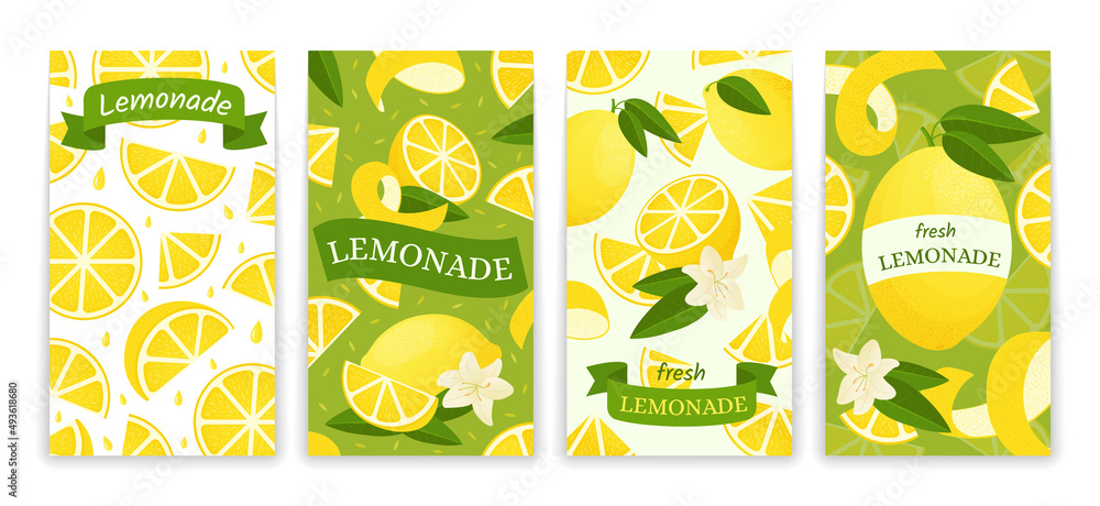 Lemon posters. Cartoon banner with lemonade sour drink, citrus cutted in slices. Vector abstract postcard set Lemon posters. Cartoon banner with lemonade sour drink, citrus cutted in slices. Vector abstract postcard set