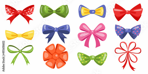 Bow tie ribbon. Cartoon fashion dress accessory, colorful bent ribbon bow. Vector isolated set