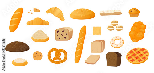Bread icons. Cartoon wheat bakery products, baguette bagel croissant loaf. Vector pastry collection