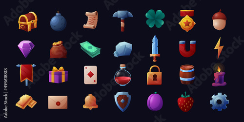 Cartoon game icons. Mobile game elements, weapon potion money trophy and inventory elements. Vector set