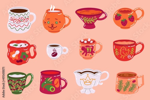 Doodle cups. Mugs for coffee, tea and other hot drinks with minimalistic abstract textures. Vector crockery set
