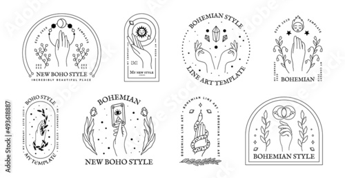 Line hand logo. Abstract magic minimal feminine emblems with woman hands. Vector beauty logos