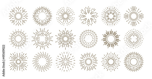 Outline vintage sun rays for boho minimalistic logos, abstract geometric design. Vector set