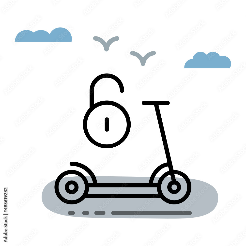 e-bike with padlock Vector Icon Design, Green transport Symbol, eco Motorized scooty Sign, Mobile ui element, Electric Scooter Unlock Concept, push-scooter and street vehicle stock illustration e-bike with padlock Vector Icon Design, Green transport Symbol, eco Motorized scooty Sign, Mobile ui element, Electric Scooter Unlock Concept, push-scooter and street vehicle stock illustration