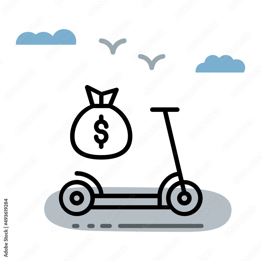 ebike with dollar bag Vector Icon Design, Green transport Symbol, eco Motorized scooty Sign, App UI Elements, Electric Scooter Finance Cost Concept push-scooter and street vehicle stock illustration ebike with dollar bag Vector Icon Design, Green transport Symbol, eco Motorized scooty Sign, App UI Elements, Electric Scooter Finance Cost Concept push-scooter and street vehicle stock illustration