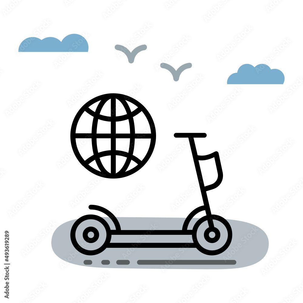 Kick Bike Global Location Vector Icon Design, Green transport Symbol, Eco Motorized scooter Sign, Mobile app ui, Push Scooter with Globe Concept, push-scooter and street vehicle stock illustration Kick Bike Global Location Vector Icon Design, Green transport Symbol, Eco Motorized scooter Sign, Mobile app ui, Push Scooter with Globe Concept, push-scooter and street vehicle stock illustration