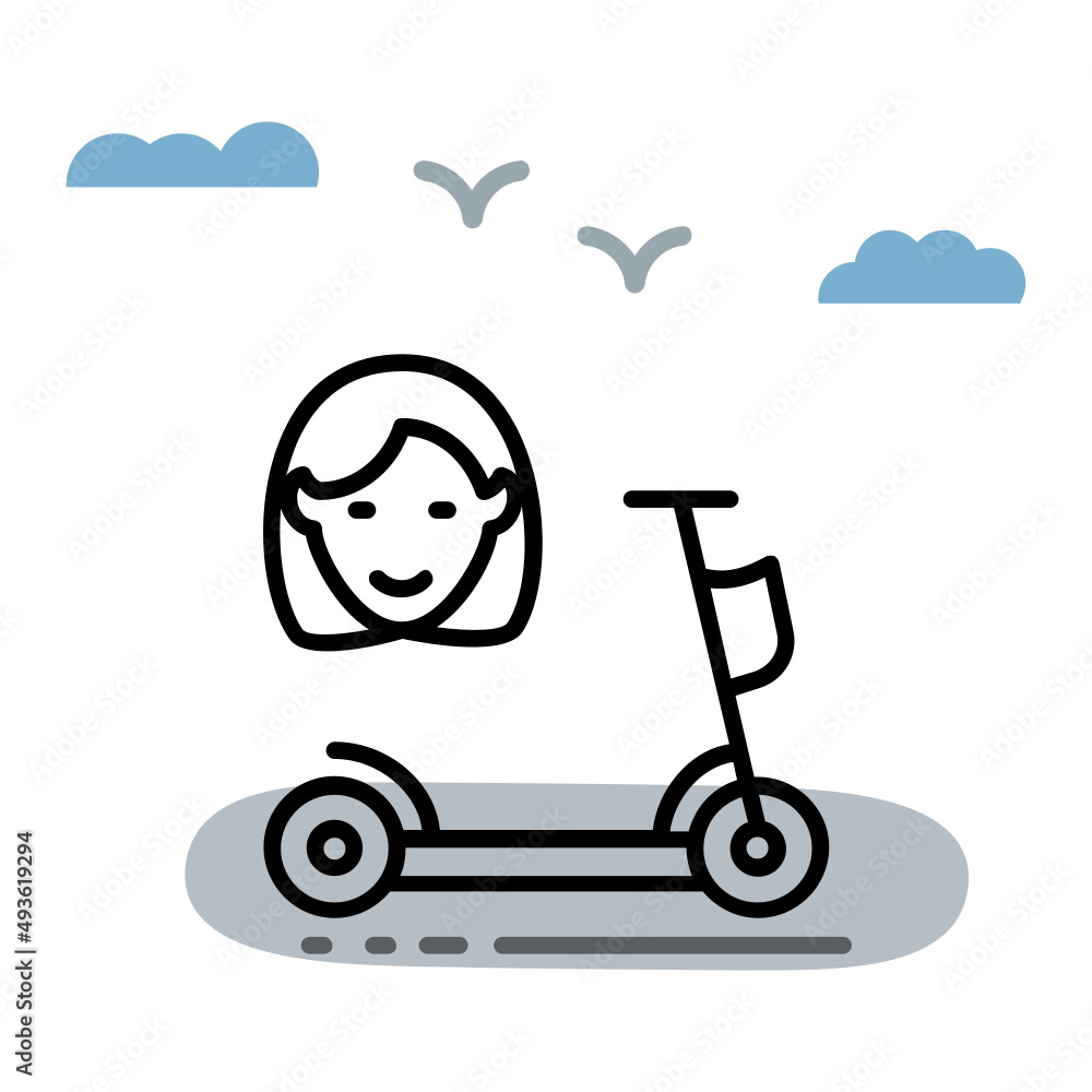 Female kick biker Vector Icon Design, Green transport Symbol, eco Motorized scooter Sign, mobile app ui element, Push Scooter for Women Concept, push-scooter and street vehicle stock illustration Female kick biker Vector Icon Design, Green transport Symbol, eco Motorized scooter Sign, mobile app ui element, Push Scooter for Women Concept, push-scooter and street vehicle stock illustration