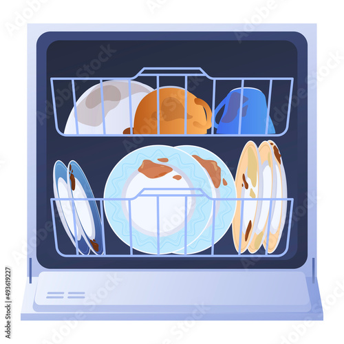 Dishwasher full dirty dishes front view vector mess utensil washing at modern electronic device