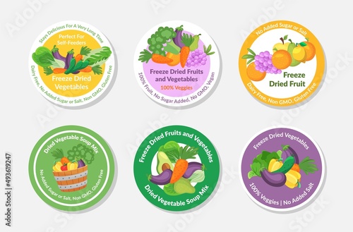 Collection dried fruits and vegetables for eating cooking circle sticker badge vector illustration