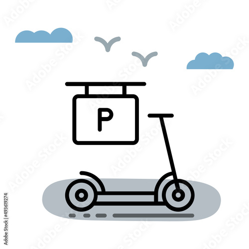 eScooter parking point Concept, Kick Bike Station Vector Icon Design, Green transport Symbol, eco Motorized scooty Sign,  push-scooter and street vehicle stock illustration