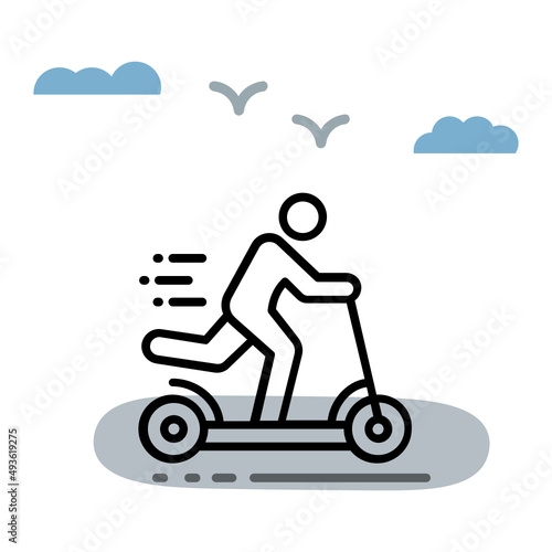 Kid Riding the push Bike on Street Vector Icon Design, Green transport Symbol on white background, eco Motorized scooter Sign, Kick Scooter Concept, push-scooter and street vehicle stock illustration