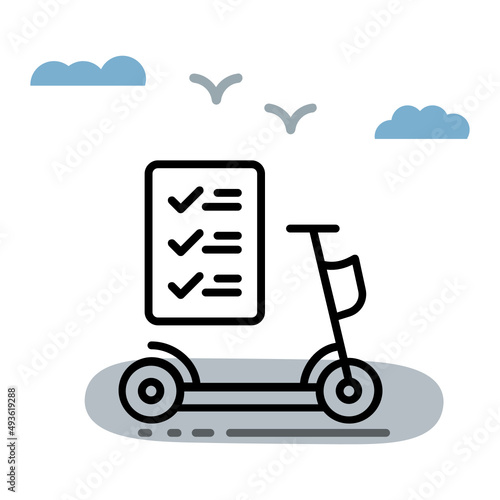 Kick Bike Owner Manual Vector Icon Design, Green transport Symbol, eco Motorized scooty Sign, eScooter Checklist Concept, push-scooter and street vehicle stock illustration
