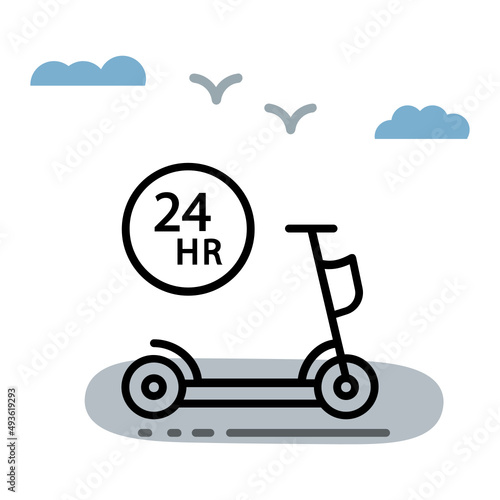 eScooter 24 hours Logo Concept, Bike Rental Service Time Vector Icon Design, Green transport Symbol, eco Motorized scooty Sign, push-scooter and street vehicle stock illustration