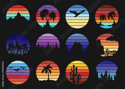 Retro sunset striped circle silhouettes collection vector flat illustration. Vintage 70s 80s style