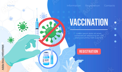 Vaccination landing page vector flat medical doctor hand syringe covid 19 vaccine cure injection