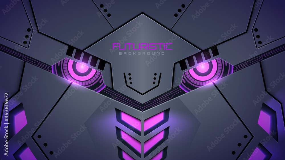 3d realistic robot face futuristic purple neon light background