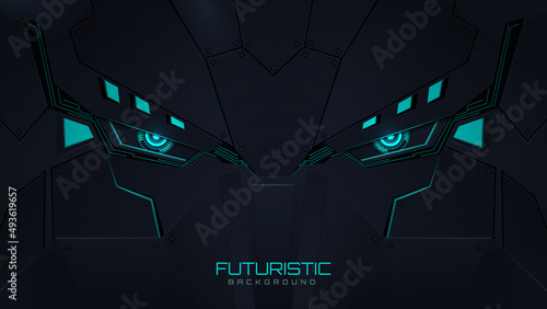 3d realistic robot face futuristic blue neon light background