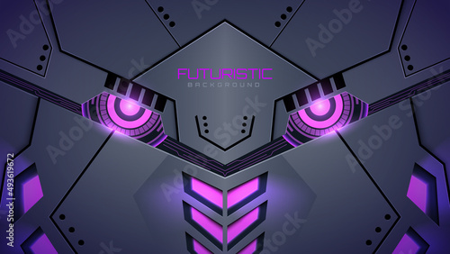 3d realistic robot face futuristic purple neon light background