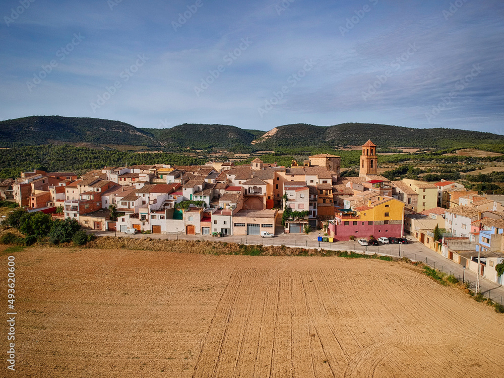 Aerial view of small Spanish village called Baldellou