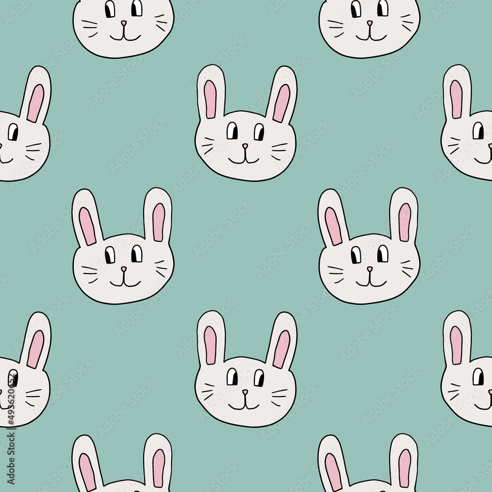 Cute cartoon doodle bunny seamless pattern. Background with funny rabbit muzzle. Cute cartoon doodle bunny seamless pattern. Background with funny rabbit muzzle.