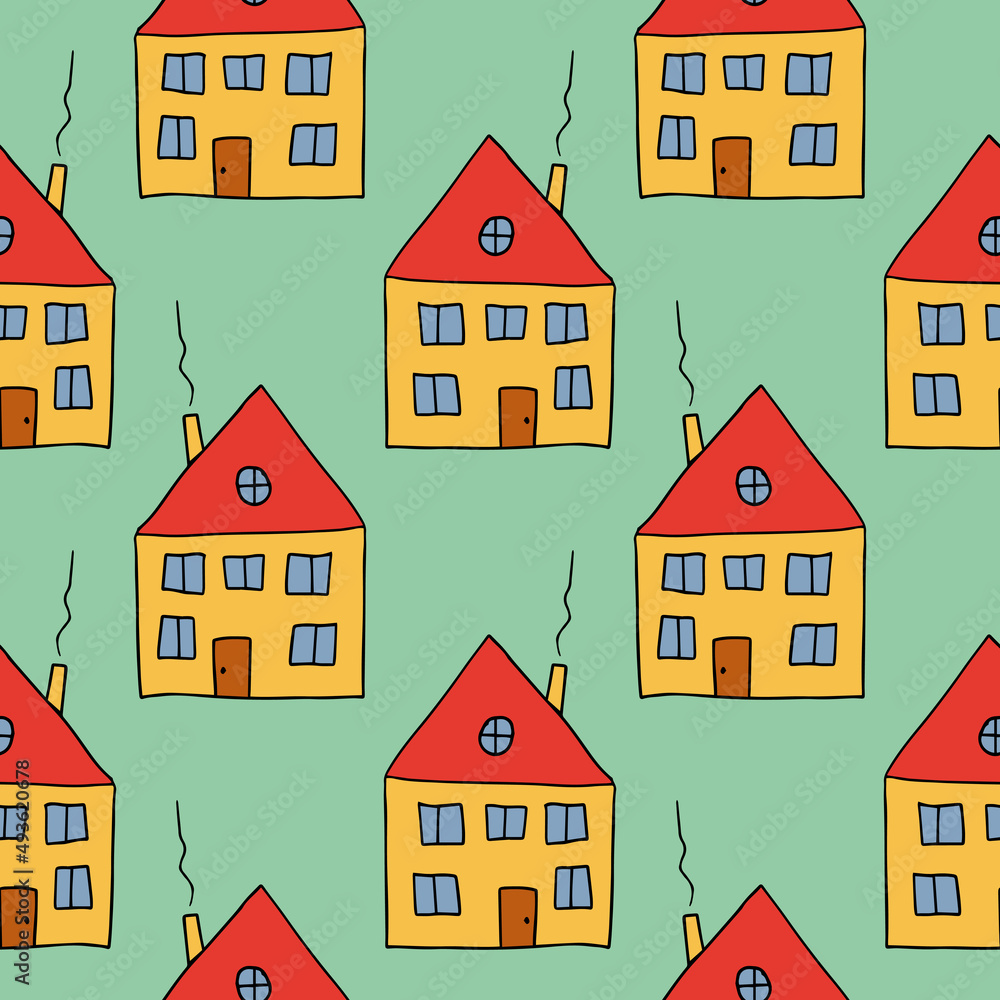 Cute seamless pattern with hand drawn doodle houses on colorful background.
