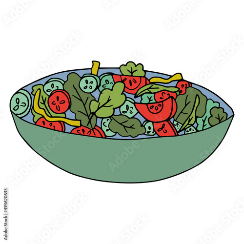 Cartoon doodle salad with tomatoes and cucumbers isolated on white background.