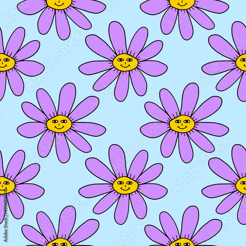 Groovy Smiley Flower. Hippie seamless pattern . Positive 70s retro smiling daisy flower print.