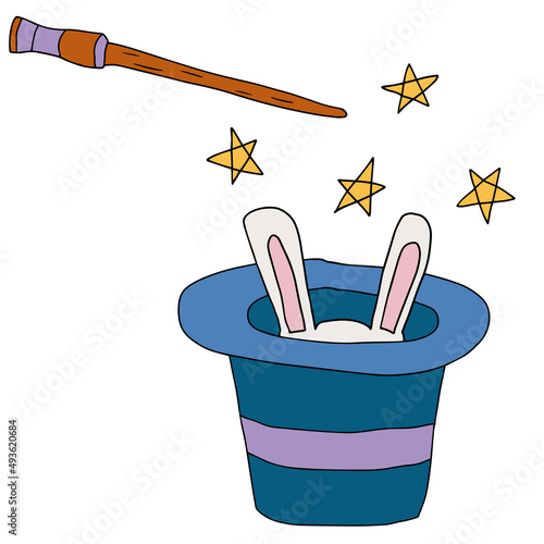 Doodle magic trick with the appearance of a rabbit from a hat isolated on white background.