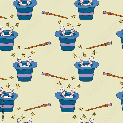 Doodle magic trick with the appearance of a rabbit from a hat seamless pattern. Circus performance background.