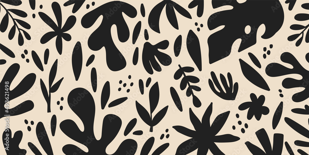 Hand drawn minimalistic abstract organic plant shapes on isolated background. Collage modern for print. Fashionable template for design .unusual doodle art matisse style hand drawn