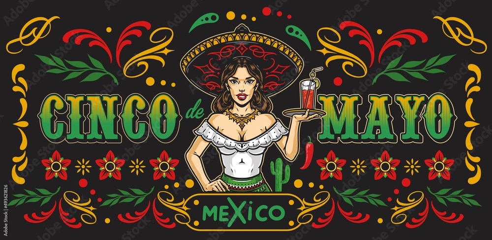 Mexican waitress in sombrero horizontal banner Mexican waitress in sombrero horizontal banner