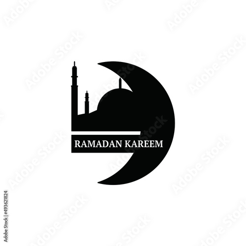 the mosque icon and the crescent moon reading ramadan are suitable for the Ramadan theme with a white background