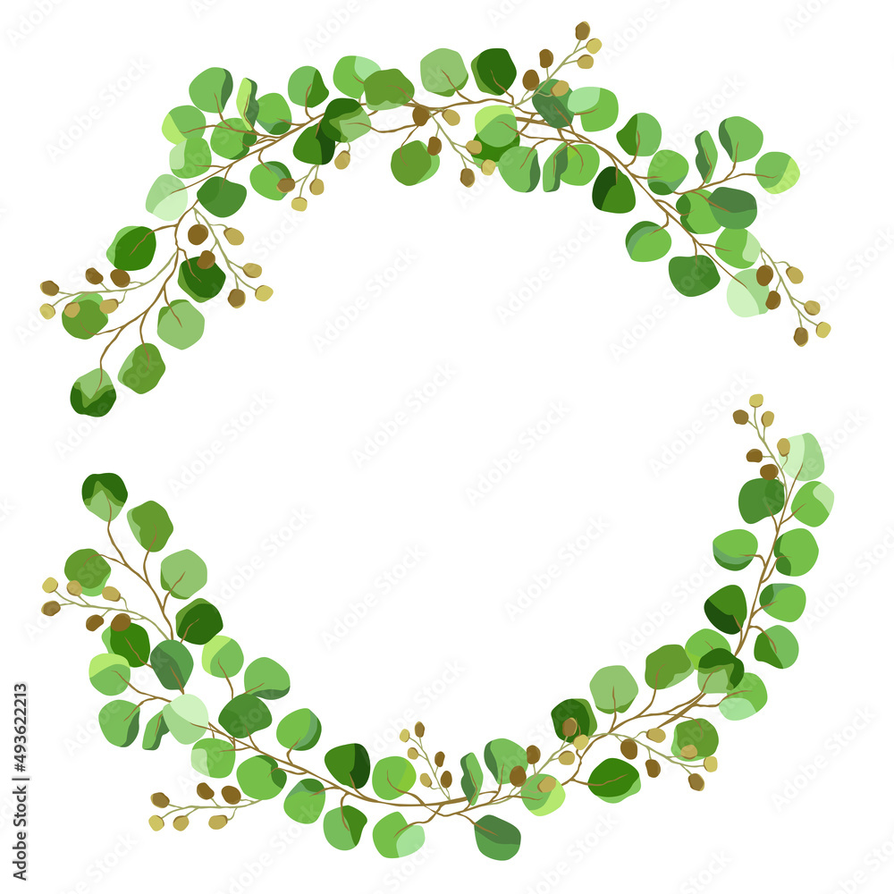 Wreath with eucalyptus leaves on a white background. Greenery vector design round invitation frame. Rustic wedding greenery. Summer rustic style. Vector illustration. Wreath with eucalyptus leaves on a white background. Greenery vector design round invitation frame. Rustic wedding greenery. Summer rustic style. Vector illustration.