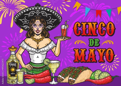 Mexican waitress with cocktail banner