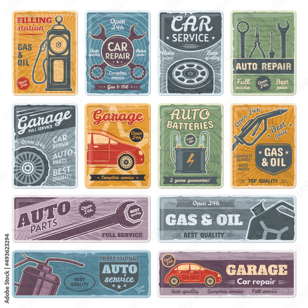 Retro car metal signs, garage, fuel, auto service posters. Gasoline station and repair service signs vector illustration set. Rusty old plates