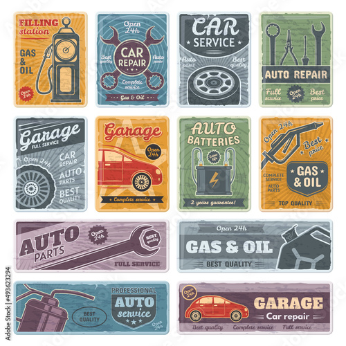 Retro car metal signs, garage, fuel, auto service posters. Gasoline station and repair service signs vector illustration set. Rusty old plates