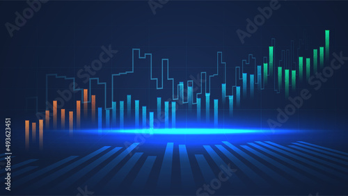 Business candle stick graph chart of stock market investment trading on blue background. Bullish point, up trend of graph. Economy vector design