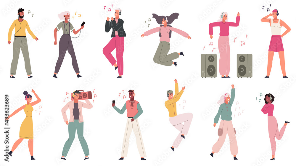 People enjoy music, listening song in headphones. Human enjoying audio in earphones vector illustration set. Cartoon characters enjoying music