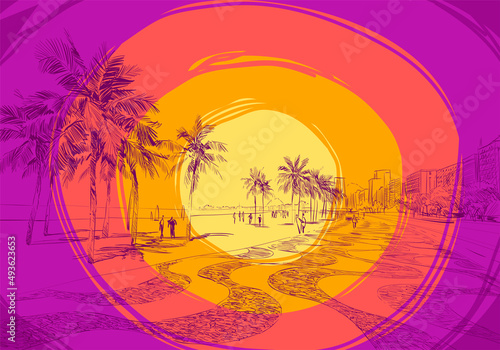 Copacabana beach. Rio de janeiro. Brazil. Hand drawn city sketch. Comic book art backgrounds. Vector illustration.