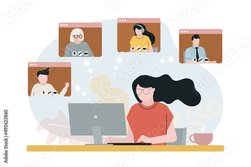 Cartoon woman in front of computer video calling family. Cute girl talking in app with family members. Internet communication concept