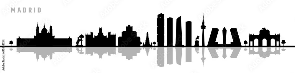 Madrid city monuments and skyscrapers silhouette and reflection vector illustration.
