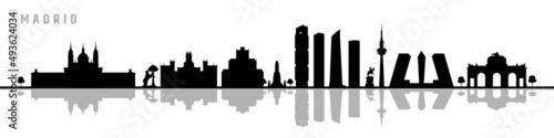 Madrid city monuments and skyscrapers silhouette and reflection vector illustration.