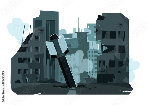 Destroyed city with rocket crashed the road. Fighter launched a homing missile to city. Burning broken buildings, bomb destruction banner template. Buildings on fire, wars are destroying. Help Ukraine