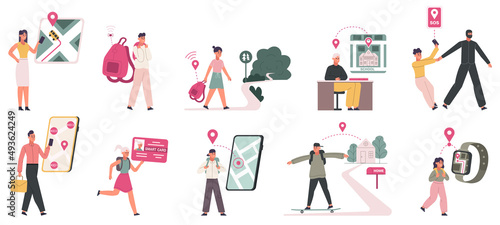 Children school safety security technologies, geolocation smartwatch tracker. Kids safety gps geolocation app vector illustration set. School smart cards technology