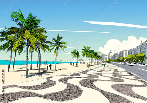 Copacabana beach. Rio de janeiro. Brazil. Hand drawn city sketch. Vector illustration. photo